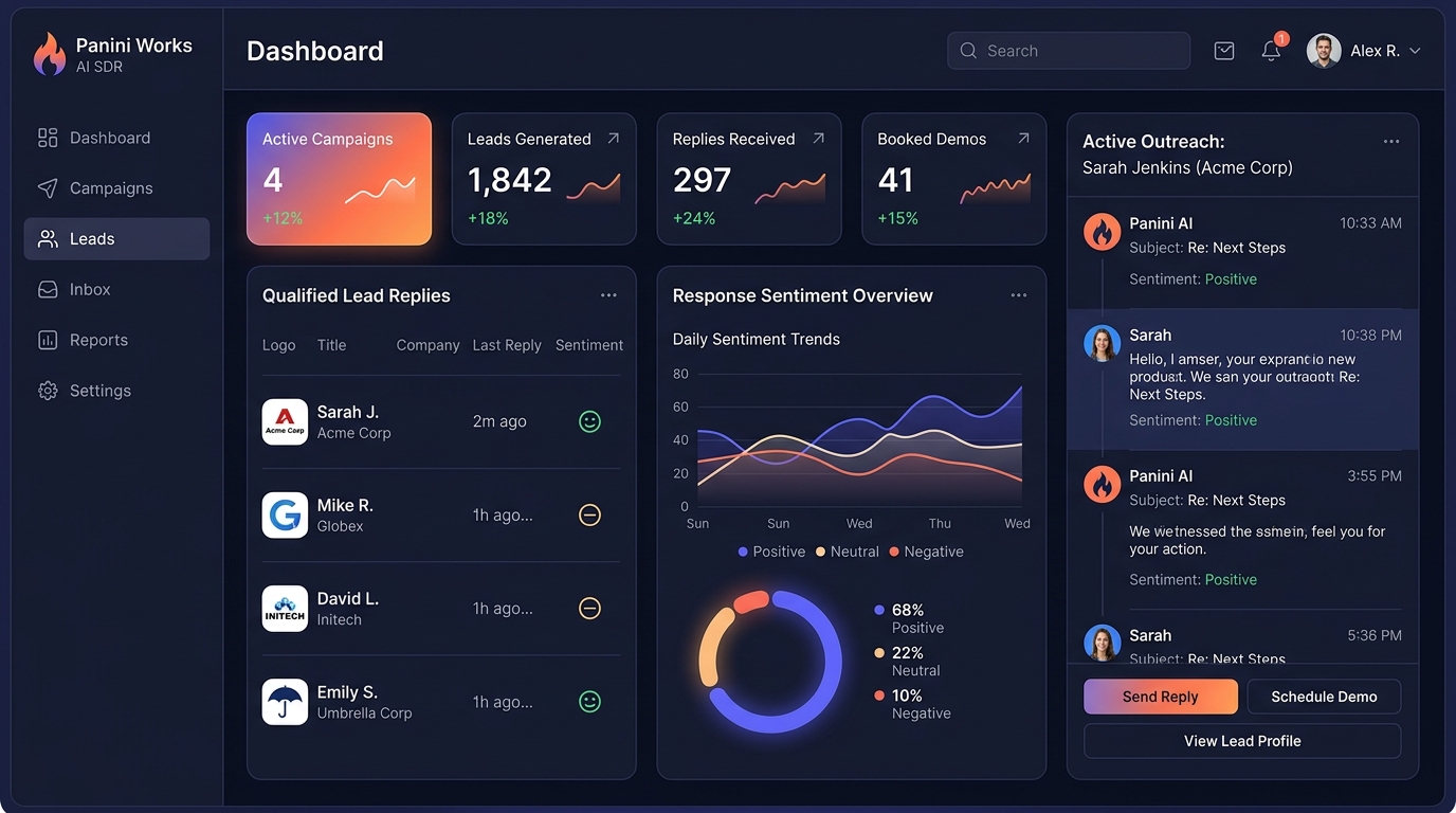 Panini Works dashboard showing recent leads and metric flows.